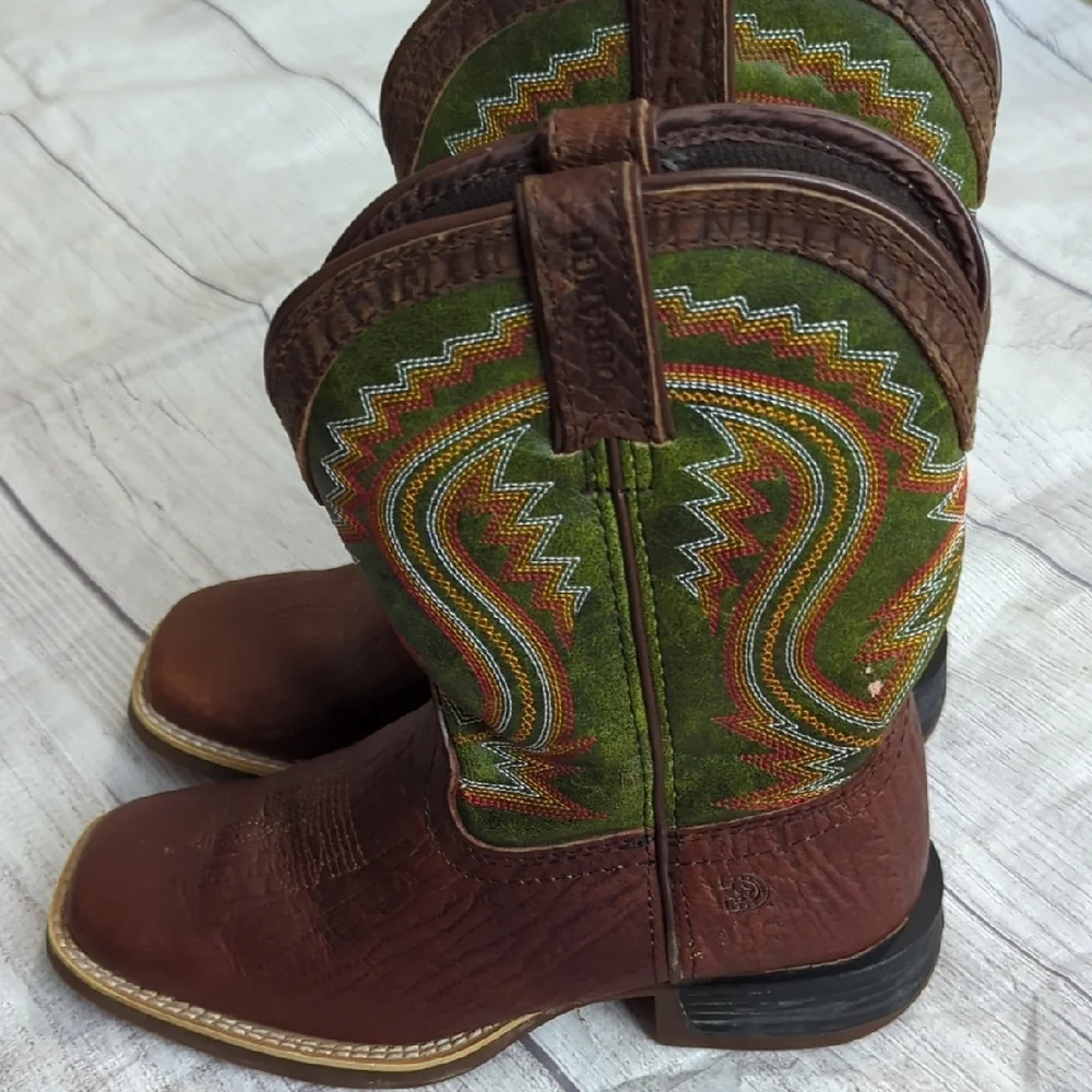Durango Brown Leather Kids Cowboy Boots with Green Embroidered Shaft